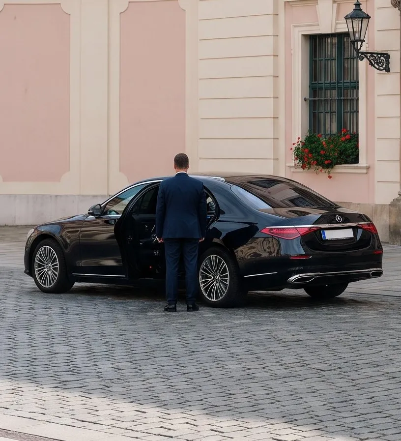 Chauffeur opening the door of a black Mercedes limousine in front of a Viennese building