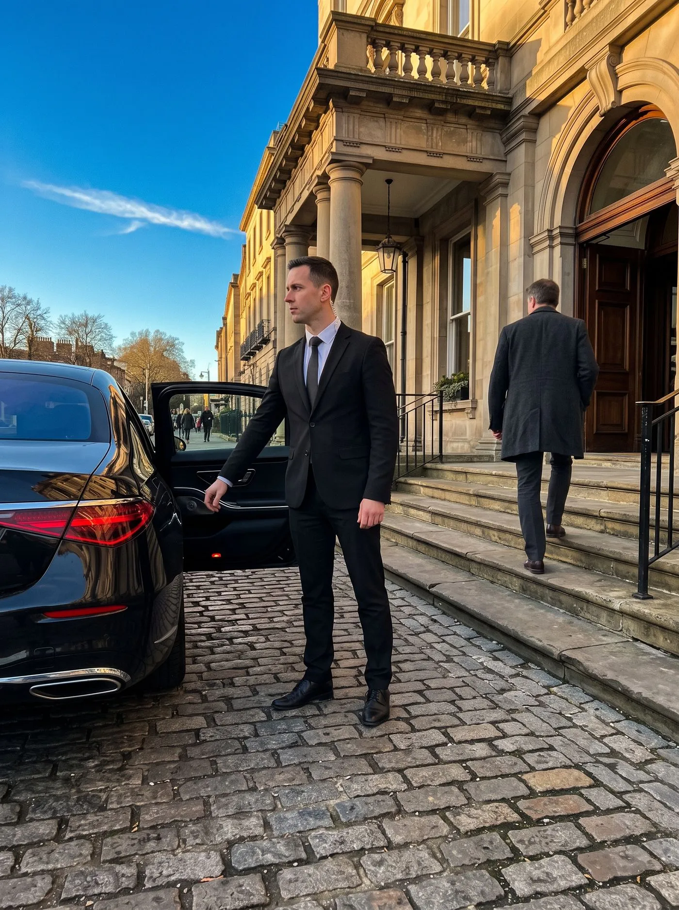 Chauffeur escorting a guest to the entrance of a historic building