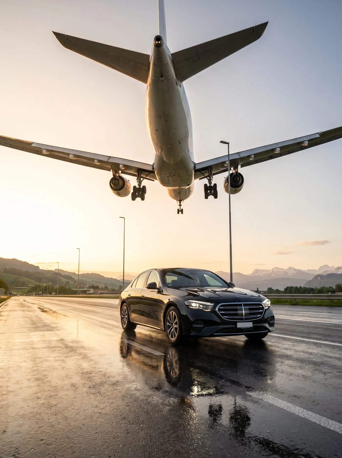 Schwarze Mercedes-Limousine auf der Landebahn, ein Flugzeug im Landeanflug