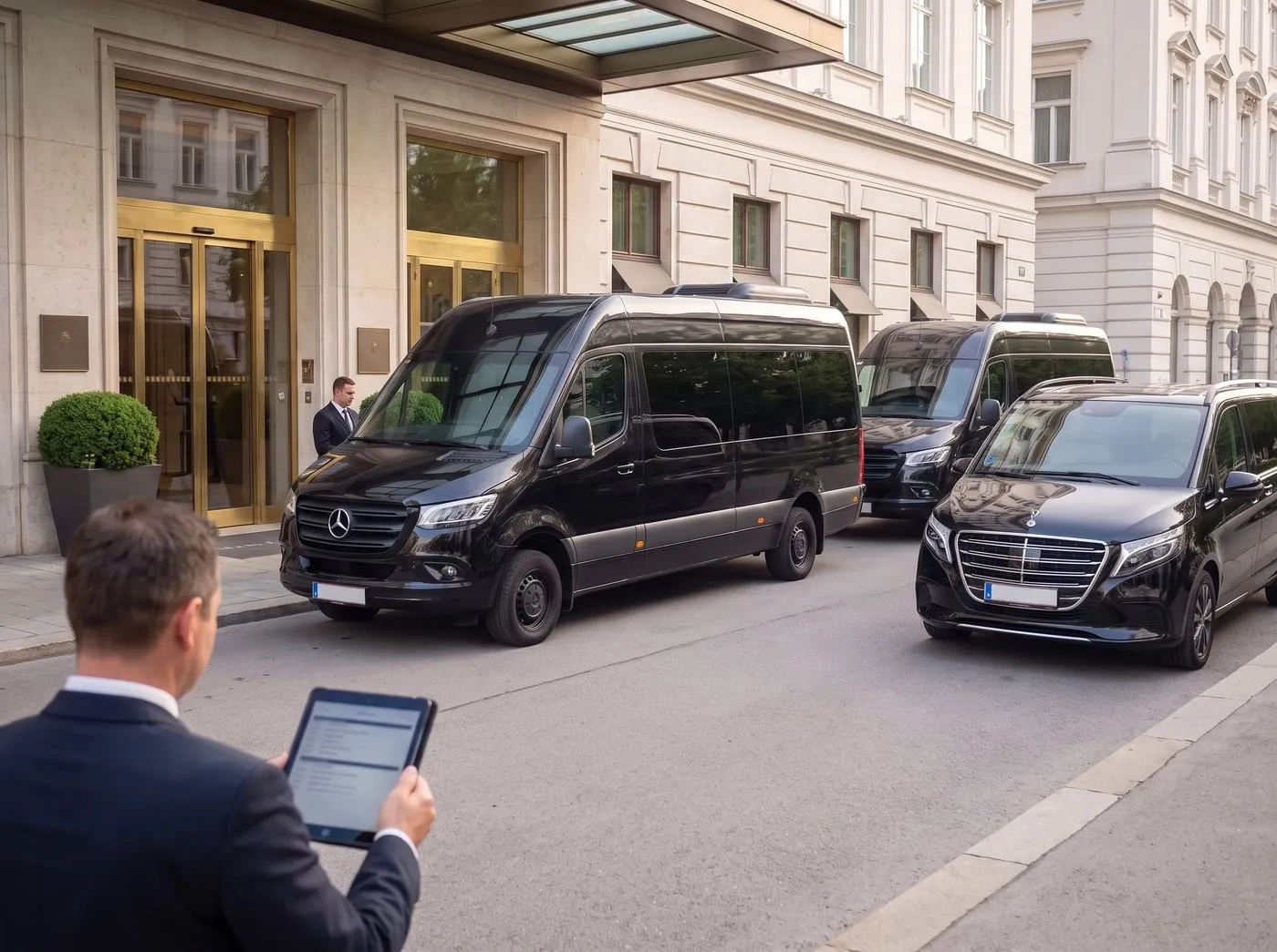 Zwei schwarze Sprinter und eine V-Klasse vor einem Wiener Hotel, Chauffeur prüft den Fahrplan