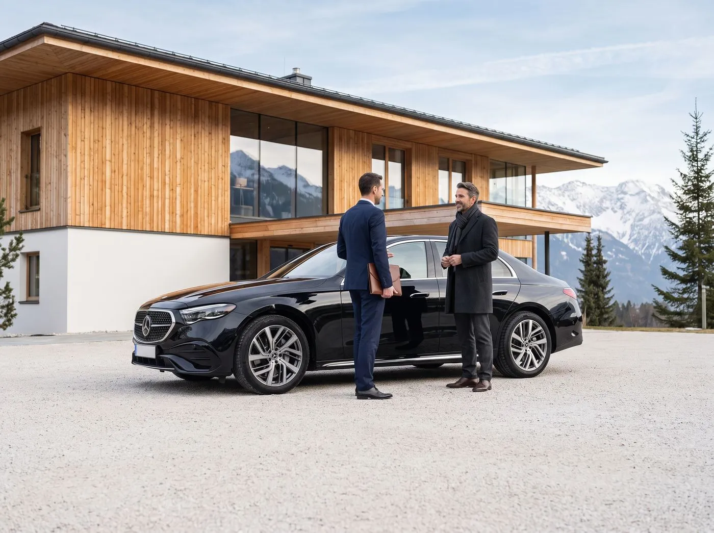 Chauffeur und Gast vor einem modernen Haus in den Bergen