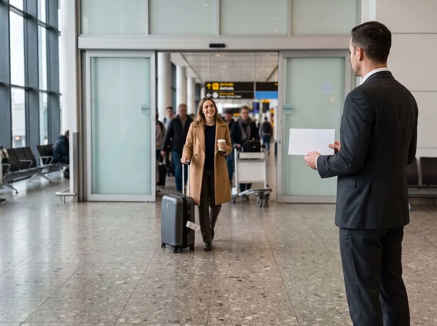 Chauffeur empfängt Reisende in der Ankunftshalle