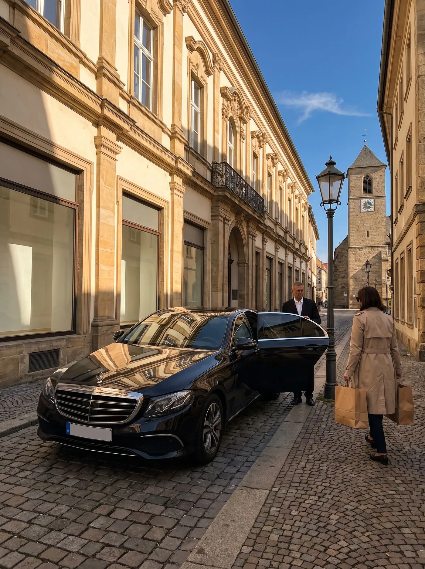 Limousine in a narrow Viennese lane, a chauffeur standing beside it