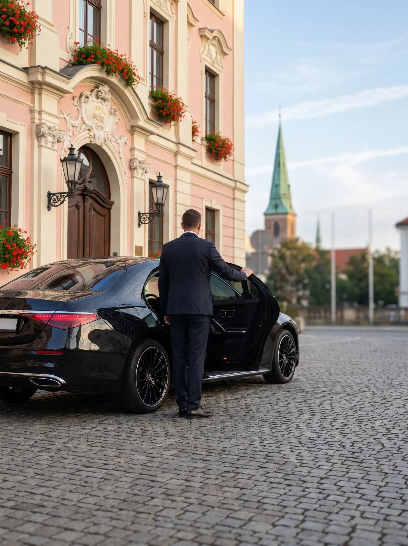 Chauffeur neben einer Limousine vor einem historischen Gebäude