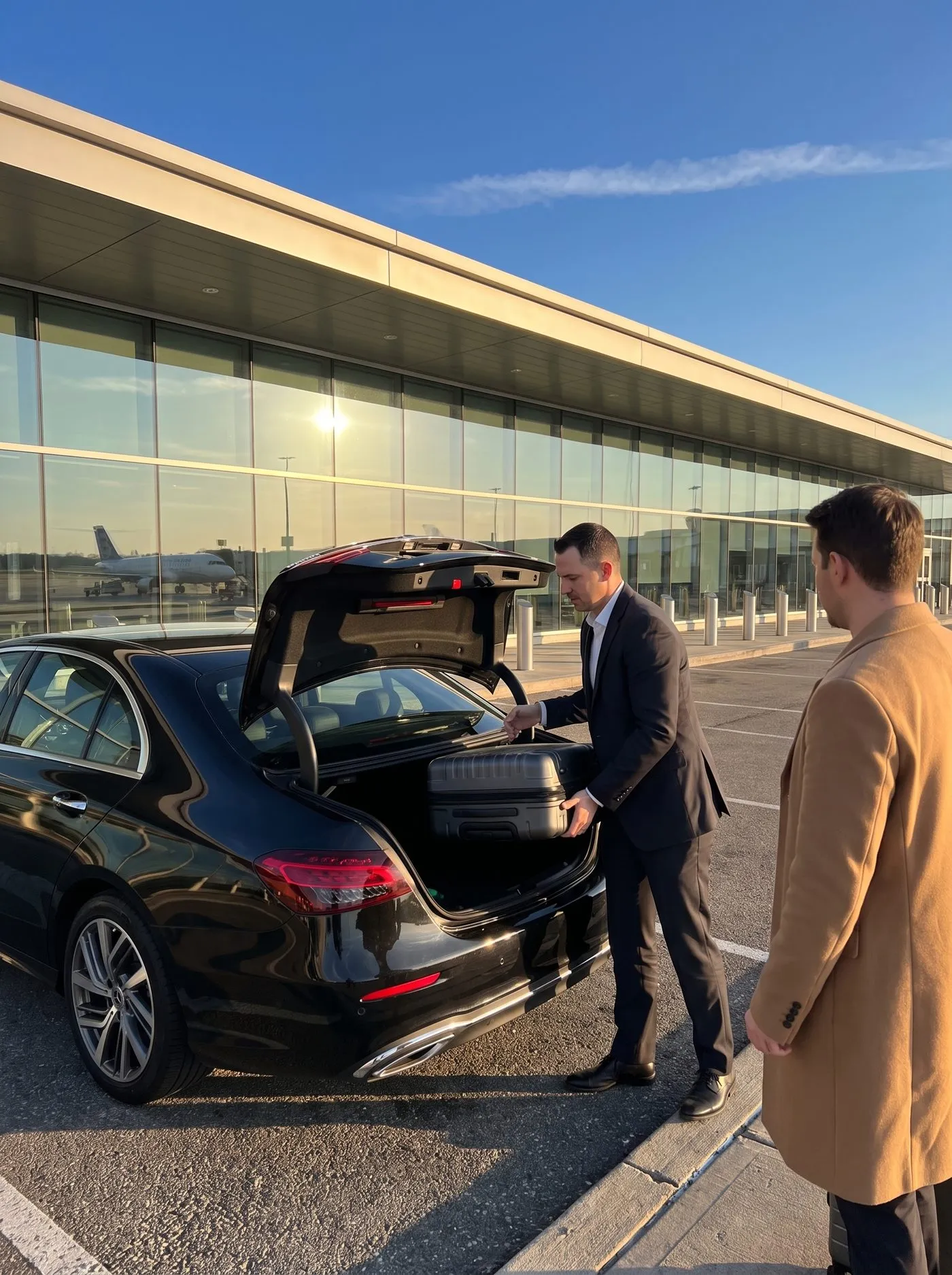 Chauffeur lädt einen Koffer in den Kofferraum vor dem Flughafen-Terminal