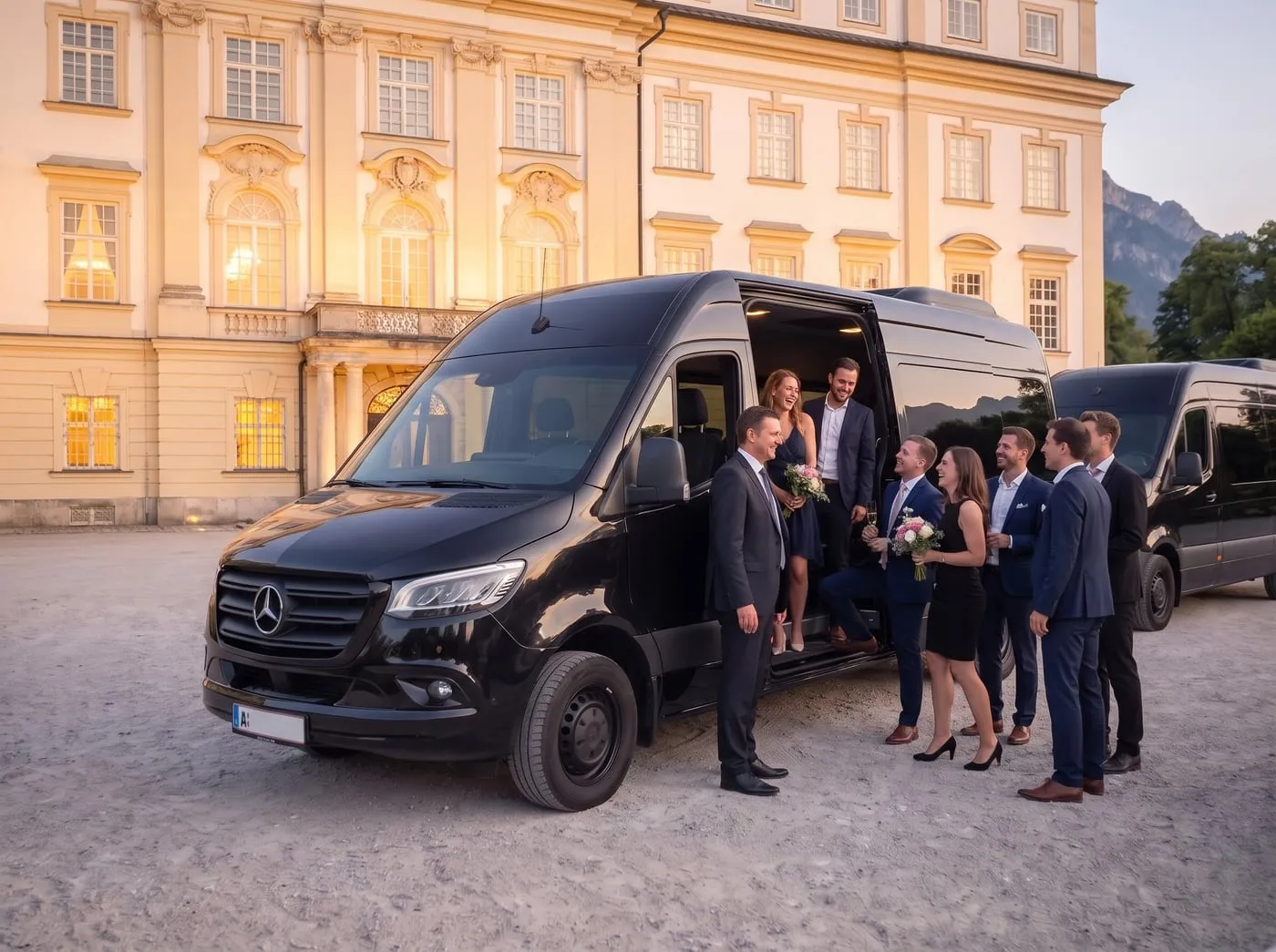 Hochzeitsgäste steigen vor einem Palais in einen schwarzen Sprinter